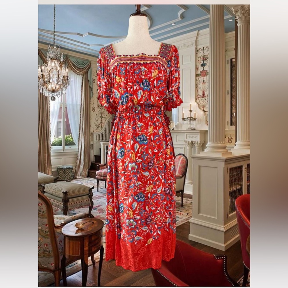 NWT Johnny Was Red Silk floral Dress Small